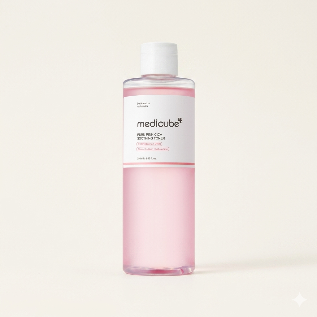 Pink bottle with white label on a light beige background
